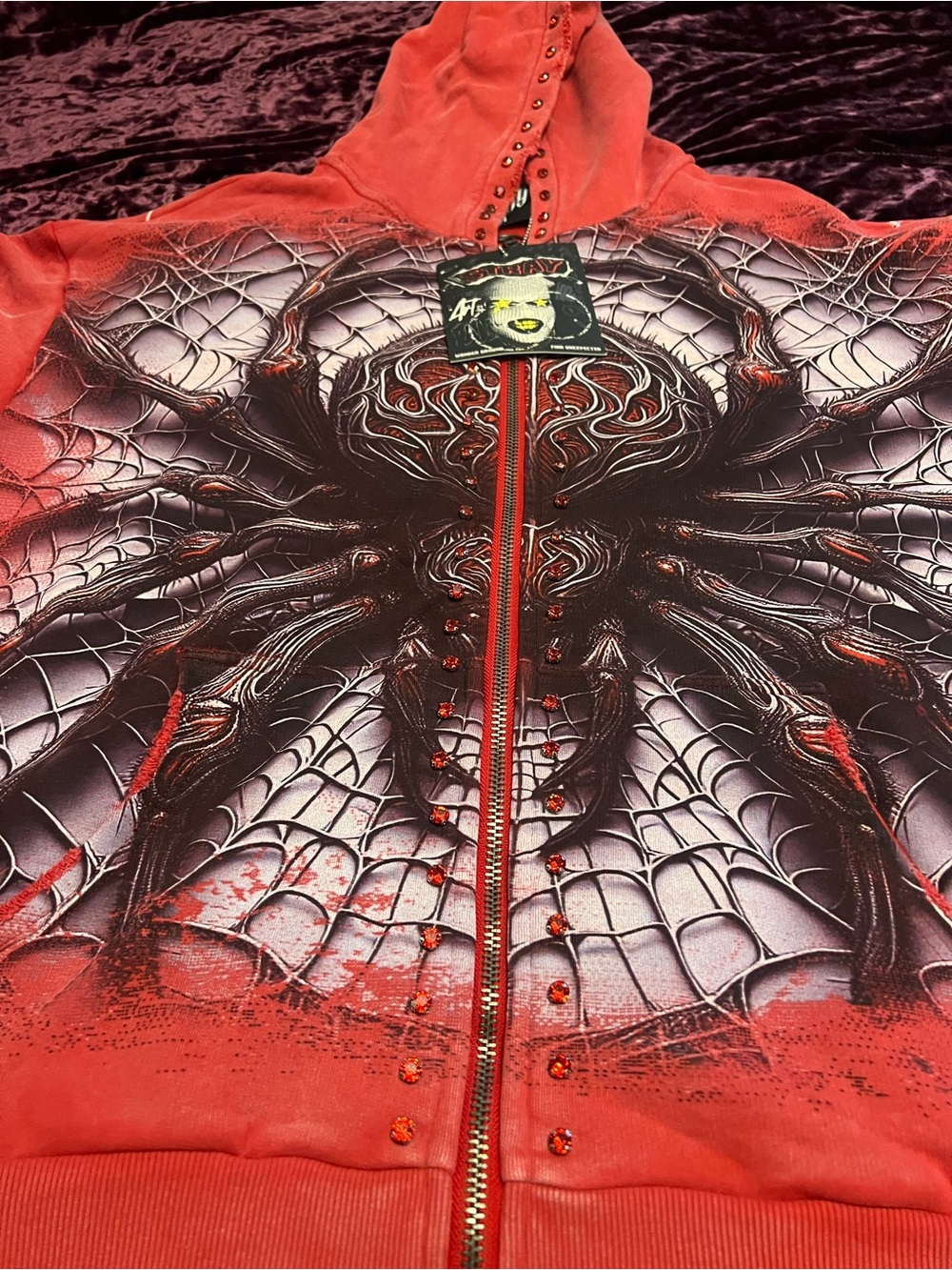 STRAY Spider Web Graphic Studded Red Full Zip Hoodie Men 2XL